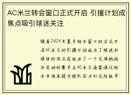 AC米兰转会窗口正式开启 引援计划成焦点吸引球迷关注