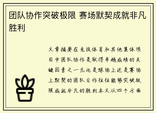 团队协作突破极限 赛场默契成就非凡胜利