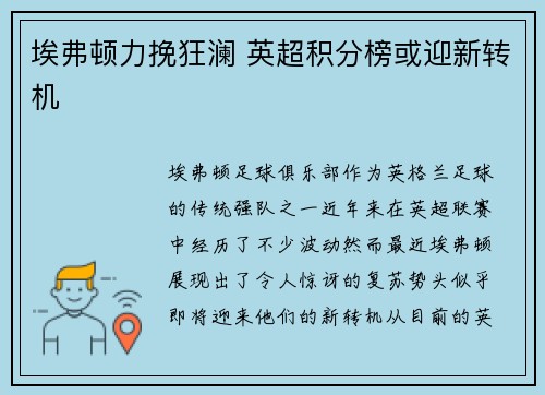 埃弗顿力挽狂澜 英超积分榜或迎新转机