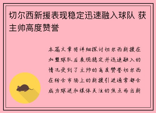 切尔西新援表现稳定迅速融入球队 获主帅高度赞誉