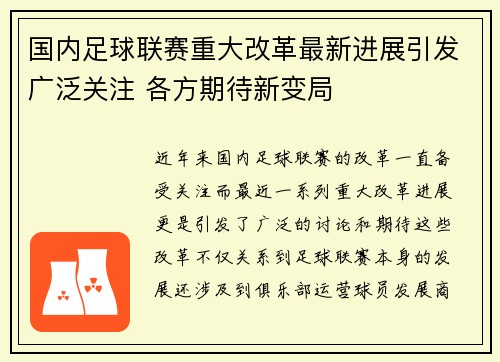 国内足球联赛重大改革最新进展引发广泛关注 各方期待新变局